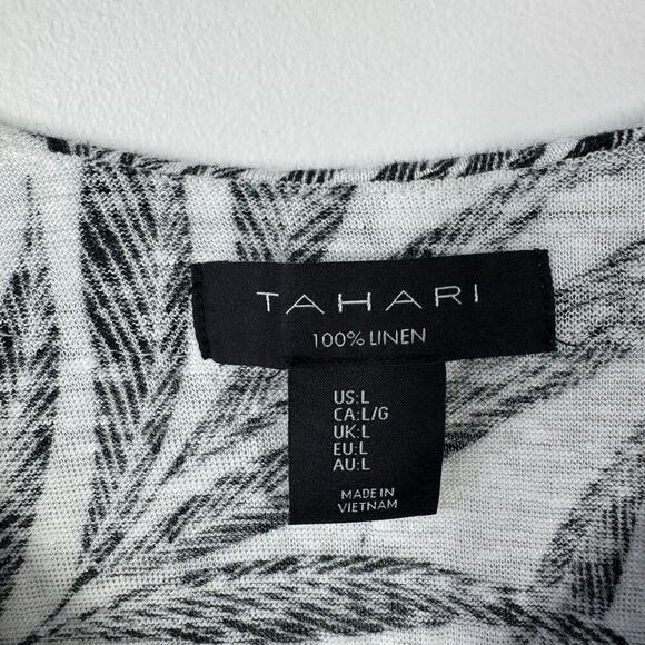 Tahari Women L 100% Linen Top Black White Leaf Button Up Crop Tropical Beach - Picture 5 of 6